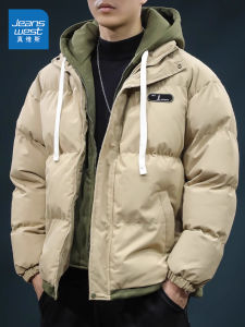 Jeanswest Mens Casual Loose Cotton Jacket Autumn Winter Hooded Outerwear Polyester Fiber Filling Warm Thickened Youth Style