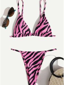 พิมพ์ลายทาง เชือกรูด ชุดบิกินี ชุด ลำลอง ชุดกีฬาสองชิ้น ชุดว่ายน้ำ โพลีเอสเตอร์ แขนสั้นไฟเบอร์ คอวี Cover Up