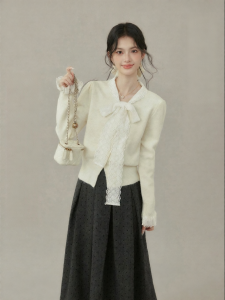 OUYANGXI | Áo Khoác Cardigan Thiết Kế Nơ Trắng