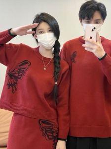 Couples Matching Loose Knitted Christmas New Year Red Sweater Dress Korean Style Autumn Winter New Arrival Ladies Fashion