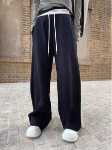 New 2024 Womens Wide Leg Pants Elastic Waist Asymmetrical Design Commute Style High Waist Long Trousers Autumn Winter