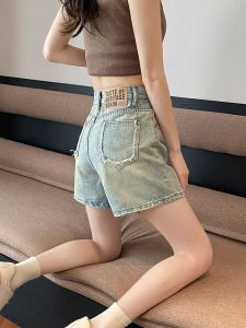 กางเกงขาสั้นผ้ายีนส์เอวสูงทรงเอหลวมๆ สำหรับผู้หญิงในช่วงฤดูร้อน กางเกงขาสั้นทรงเอทรงหลวมๆ ทรงเอ กางเกงขาสั้นทรงเอ