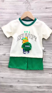 Terno for Kids Boy cream & green cute bear delivery bag design casual wear 1-5yrs old E54