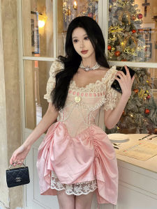 Sweet Style Niche Clothing Pink Fishbone A-Line Mini Dress Lace Trim Waist Cinching Short Skirt Womens Fashion Spring Summer Autumn