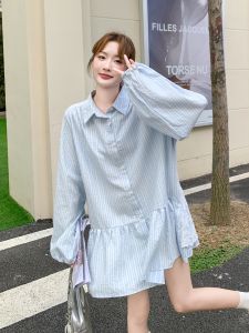 Blue Loose Striped Long Sleeve Dress Womens Autumn New Style Simple Fashion Slimming Shirt Dress Casual H Version Straight Tube