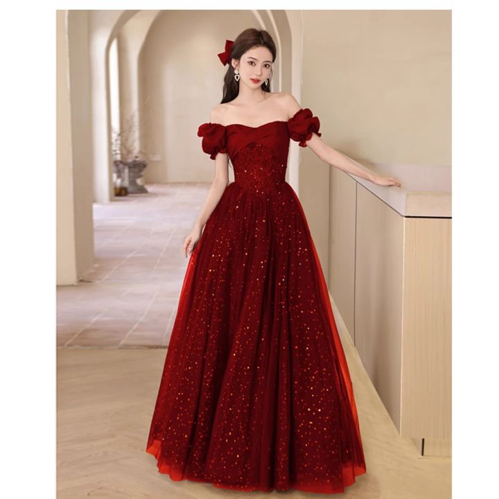 EAGLELY Red Sequins Glitter French Off Shoulder Evening Dress For
