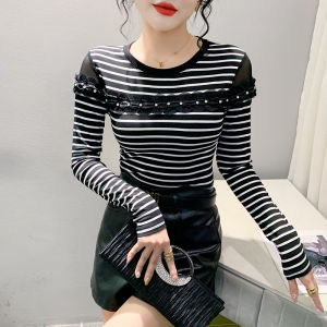 YIMEI เสื้อสวมหัวสีดำมีหูทำจากไม้ติดเพชรใส่ได้ทุกฤดูใบไม้ร่วงเสื้อยืดสตรีรุ่นพอดีตัวเกาหลีสุดๆผ้าคอตตอน