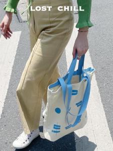 Large Capacity Canvas Bag Lost Chill Milk Blue Letter Single Shoulder Outdoor Handbag Durable Tote Bag for Youth Casual Use