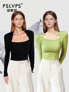 เสื้อยืดคอกว้างแขนยาวสีดำสำหรับผู้หญิง เสื้อชั้นในถักทรงเข้ารูปสไตล์ฝรั่งเศส ทรงสลิมฟิต ทรงเข้ารูป ฤดูใบไม้ผลิ 2025