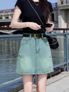 High Waist Denim Mini Skirt Womens Summer New Style 2024 Retro A-Line Bodycon Skirt Anti-Light Half-length Skirt