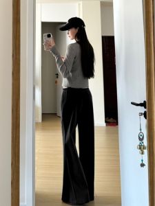 กางเกงขายาวทรงหลวมเอวต่ำสไตล์เกาหลีสำหรับผู้หญิง กางเกงขายาวทรงหลวมสีดำ กางเกงขายาวทรงหลวมทรงเข้ารูป ผ้าฝ้ายผสมโพลีเอสเตอร์