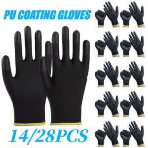 14/28PCS Anti Slip Breathable PU Coated Nylon Gloves Woodworking Camping Auto Repair PU Coated Gloves Lock Edge Colour Random