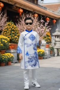 Áo dài cách tân bé trai và bé gái. Chất liệu vải gấm thượng hải. Lưu ý áo chưa kèm quần