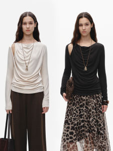 Marllen Anti-Static Skin-Friendly Fabric Slimming Base T-Shirt Womens One-Shoulder Wave Design Long Sleeve Solid Color Top