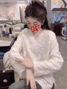 WANGGONGZHU | Elegant V-neck Embroidered Lace Shirt Womens Spring Autumn Loose Base Layer Top Fashionable Korean Style Long Sleeve Solid Color