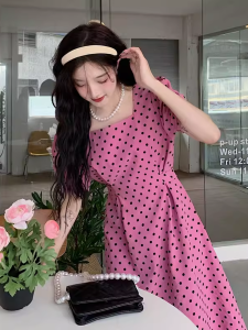 French Style Square Collar A-Line Dress Polka Dot Short Sleeve Slimming Midi Skirt Casual Style Polyester Fabric Autumn Winter
