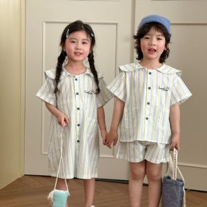 Summer Korean Style Striped Short Sleeve Pure Cotton Cardigan Childrens Clothing Set Brother Sister Matching Outfit Baby Clothes
