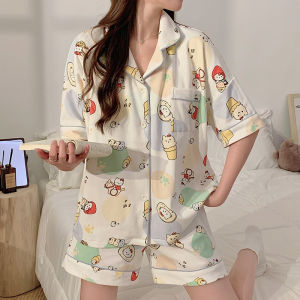 Cartoon Print Sleepwear Set Womens Loose Fit Thin Short Sleeve Short Pants Home Clothes Summer Outfit Casual Sweet Style