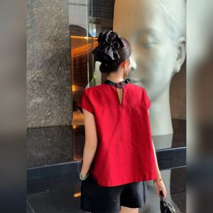 YUFUQING | New Chinese Style Red Short Sleeve Stand Collar Loose Fit Womens Shirt Retro High Waist Trousers Daily Wear Polyester Fiber