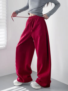 Red Pleated Wide Leg Pants Womens Loose Fit Casual Trousers for Pear Shaped plus Size Autumn New Style Comfortable Sporty