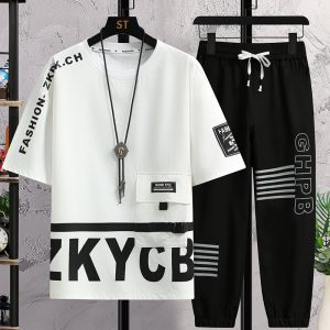 Youth Sports Suit 13-15 Years Old Boy Junior High School Student Ice Silk Short Sleeve T-shirt Handsome Big Kids Summer Clothes