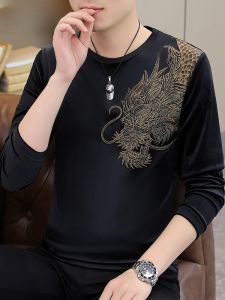 HENGYUANXIANG | Hengyuanxiang Mens Long Sleeve T-Shirt Velvet Inner Wear Slim Fit Trendy Base Shirt Autumn Fashion Youth Polyester Spandex