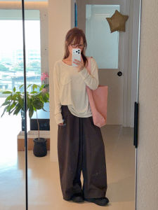 TASTILY Cool Coffee Wide Leg Suit Pants Loose High Waist Cotton Casual Straight Leg Pants for Women City Walk Pure Color