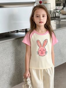 Pure Cotton Rabbit Cartoon Short Sleeve T-Shirt Baby Girls Summer Casual Wear Comfortable Breathable Skin Friendly Top