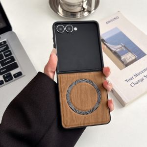 szhaiyu | Flip8 Wood Grain For Magsafe Magnetic PU Leather Phone Case For Samsung Galaxy Z Flip 8 7 FE 6 5 4 3 Protective Cover