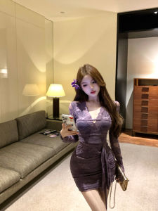 Elegant Purple Long Sleeve V-Neck Dress Womens Autumn Winter Lace Bodycon Short Skirt Belted Waist Tie Drapey Casual Dress