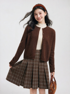Brown Retro Flower Button Cardigan Knitwear for Petite Women
