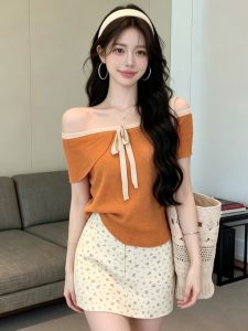 GUZILIAN | Girlish Style Off Shoulder Colorblock Tie Knit Top