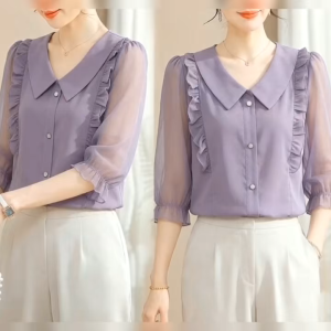 TTQQ Plus Size Shirt Womens V-neck Blouse Cropped Sleeves Solid Chiffon Shirt XL-5XL