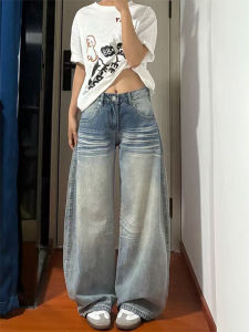 กางเกงยีนส์ทรงหลวมเอวต่ำสไตล์อเมริกันย้อนยุคไซส์ใหญ่สำหรับผู้หญิง กางเกงขายาวทรงตรงทรงหลวมสำหรับฤดูใบไม้ร่วง