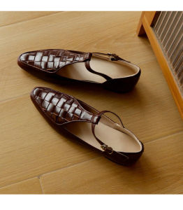 Milan Art French Vintage Slip-On Shoes Low Heel Genuine Leather Flat Mouth Fashionable Womens Shoes round Toe Daily Wear