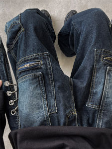 Heavy Duty Deconstructed Patchwork Mens Jeans American High Street Vibe Windbreaker Buckle Wide Leg Multiple Pockets Workwear Pants