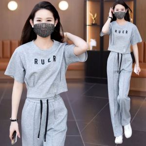 Fashionable Sportswear Set for Women Short Sleeve Printed Letter Design Summer 2024 Two-Piece Casual Sportswear Ensemble
