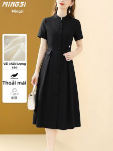 MINGSI | Đầm Hè Cao Cấp Tinh Tế Tay Ngắn Ôm Dáng Cổ Đứng