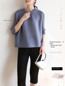 Sunya.1 Áo Thun Mùa xuân và mùa Hè Tay Dài Ba phần tư xếp li cao cấp chất lượng truy cập Miyake dáng rộng thoải mái áo thường ngày và linh hoạt #1273