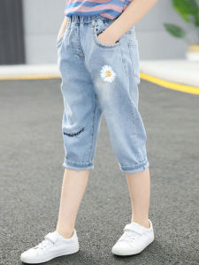 กางเกงยีนส์เด็กผู้หญิงฤดูร้อน ทรงขากระบอก สไตล์เกาหลี กางเกงขายาวเอวกลาง ผ้าฝ้ายผสมไนลอน ความยาวปานกลาง