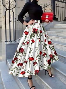 Printed Design Four Seasons White Base Red Rose Holiday Style Half Skirt