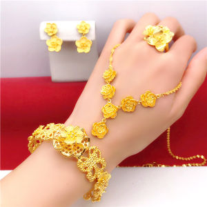 Artificial Vietnam Alluvial Gold Necklace Women Gold Plated Fake Gold Wedding Flower Necklace Bridal Jewelry Suit No Color Fading