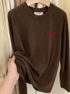 เสื้อยืดคอกลมแขนยาวหลวมๆ ผ้าฝ้ายแท้สำหรับผู้หญิง ฤดูใบไม้ผลิและฤดูใบไม้ร่วง แฟชั่นใหม่ ลดอายุ กาแฟ ลำลอง เสื้อยืด