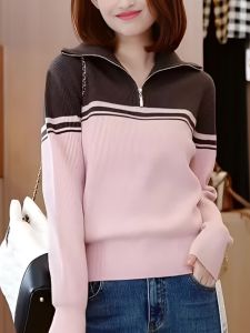 Stylish Knitted Sweater Beautiful Color Block Simple Design Fashionable Commute Autumn High-End Feel Unique Design for Women