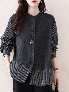 Elegant Patchwork Striped Shirt Jacket Womens Early Autumn New Style Popular Trendy Top Casual Style Long Sleeve Polyester Fiber