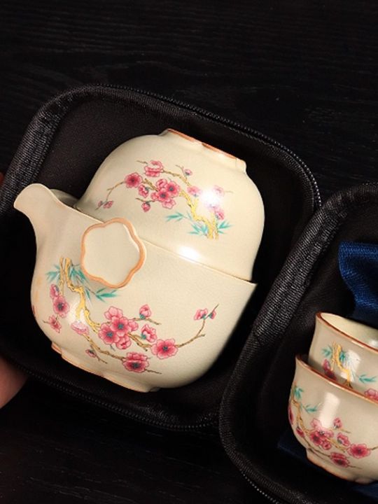 Portable Ceramic Chaiju Travel Tea Set Three Cups One Pot Carrying Case ...