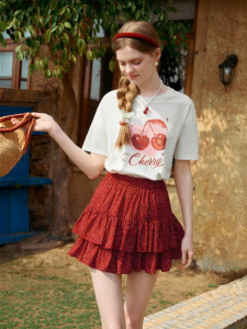 XIANGYING | Cherry Print White Leisure Loose Round Neck T-Shirt