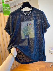 Lace Black T-shirt Short Sleeves Unique Loose