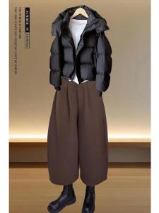 กางเกงขายาวทรงหลวมเอวสูงผ้าขนแกะผสมกำมะหยี่สำหรับผู้หญิง ฤดูใบไม้ผลิและฤดูใบไม้ร่วง ทรงกระบอกเล็ก ทรงหลวม กางเกงขายาวทรงโค้ง