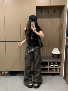 American Retro Camouflage Work Pants Women Summer Casual Straight Leg Jeans Loose Slimming Floor-Length Wide Leg Pants